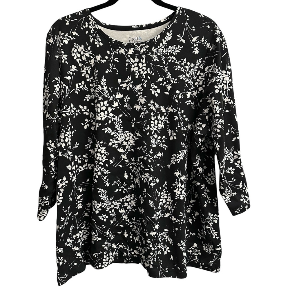 Croft & Barrow Black & White 3/4 Sleeve Floral Top Size 2X